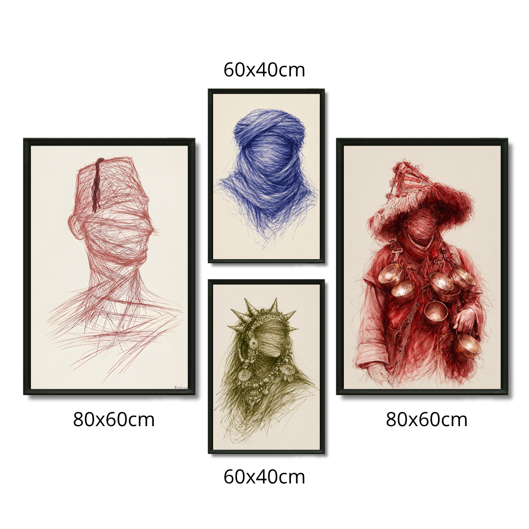 Composition Murale 1 - Dessins Icones Marocaines – 2x 80H60L cm + 2x 60H40L, Tableau en toile, Cadre Américain Blanc