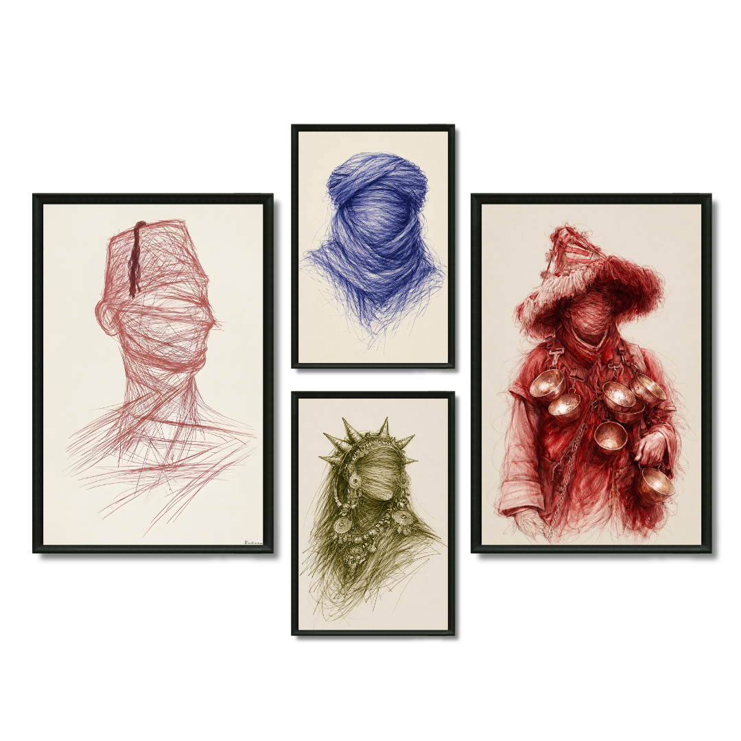 Composition Murale 1 - Dessins Icones Marocaines – 2x 80H60L cm + 2x 60H40L, Tableau en toile, Pas de cadre