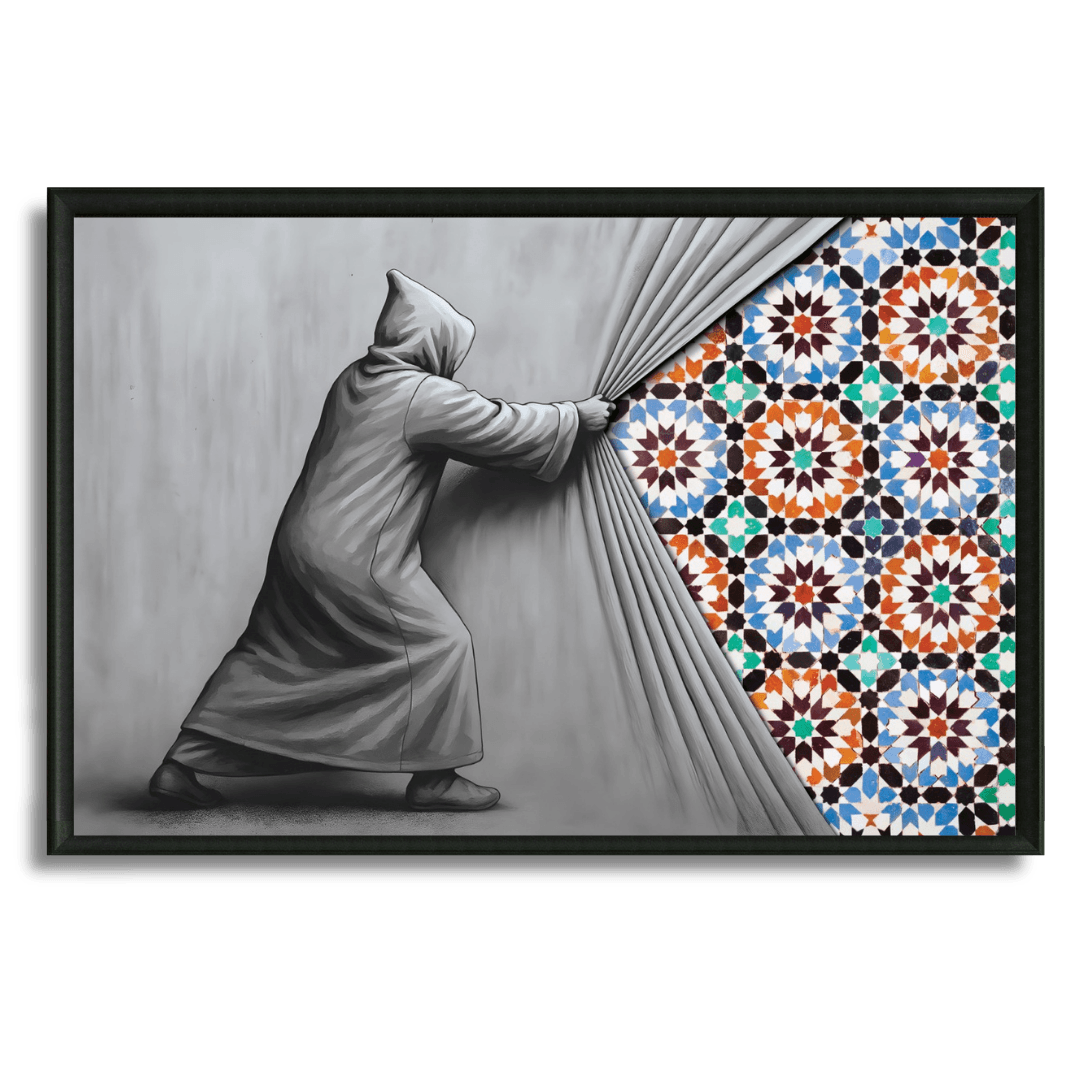 Tableau djellaba zellige multicolore tradition modernité marocaine