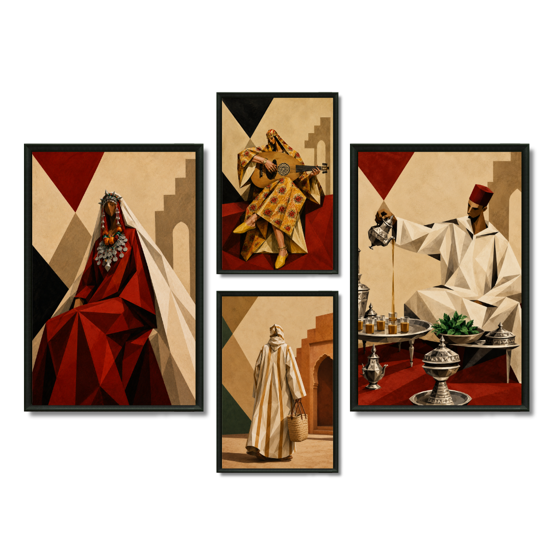 Composition Murale 1 - Géométrie Marocaine – 2x 80H60L cm + 2x 60H40L, Tableau en toile, Pas de cadre