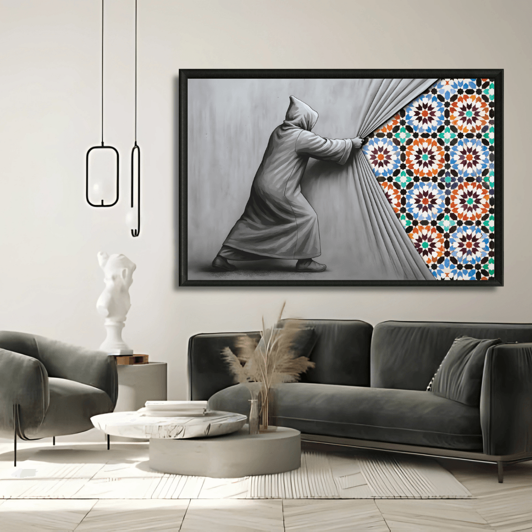 Tableau djellaba zellige multicolore marocain détail