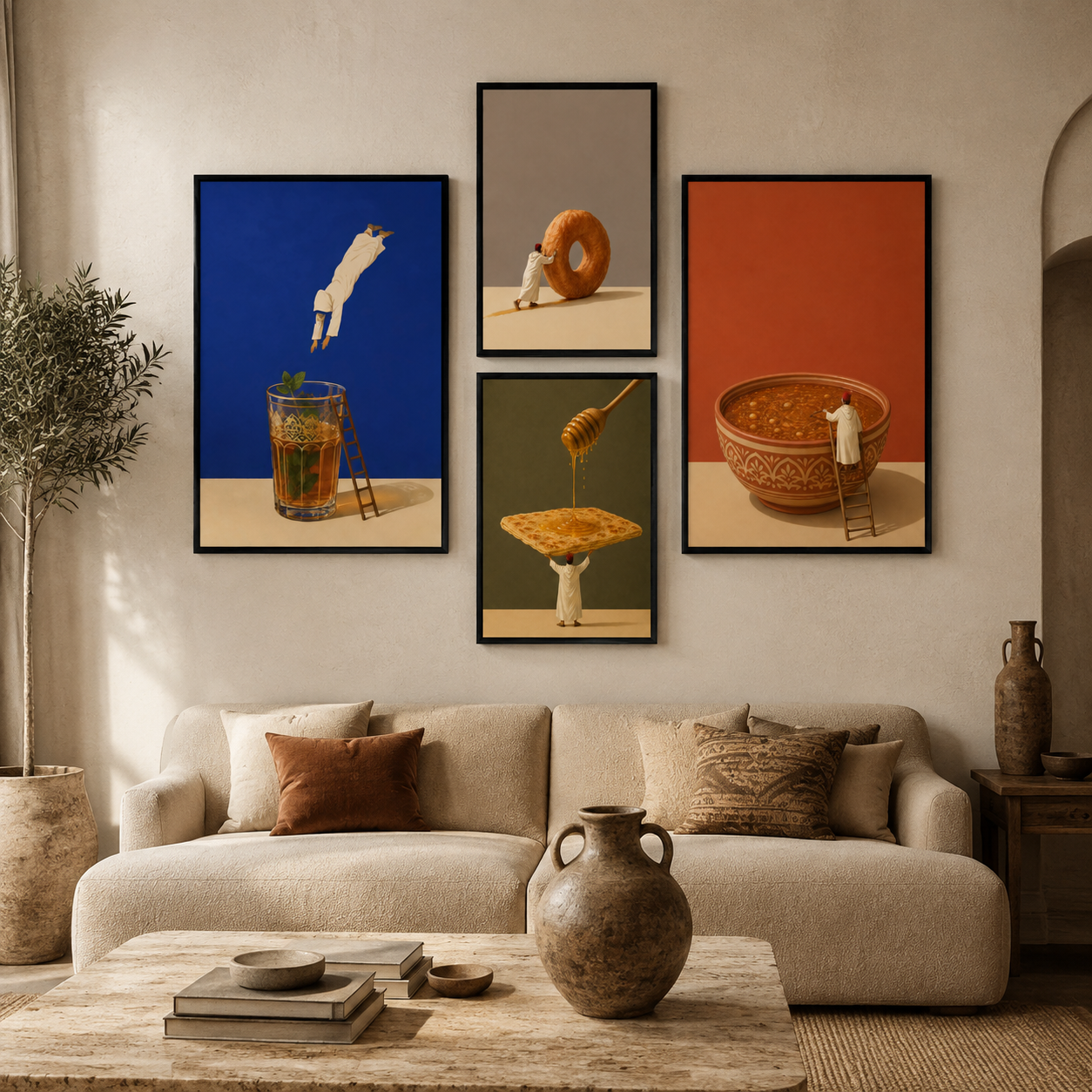 Composition Murale 1 - L'Art des Saveurs – 2x 80H60L cm + 2x 60H40L, Tableau en toile, Cadre Américain Noir