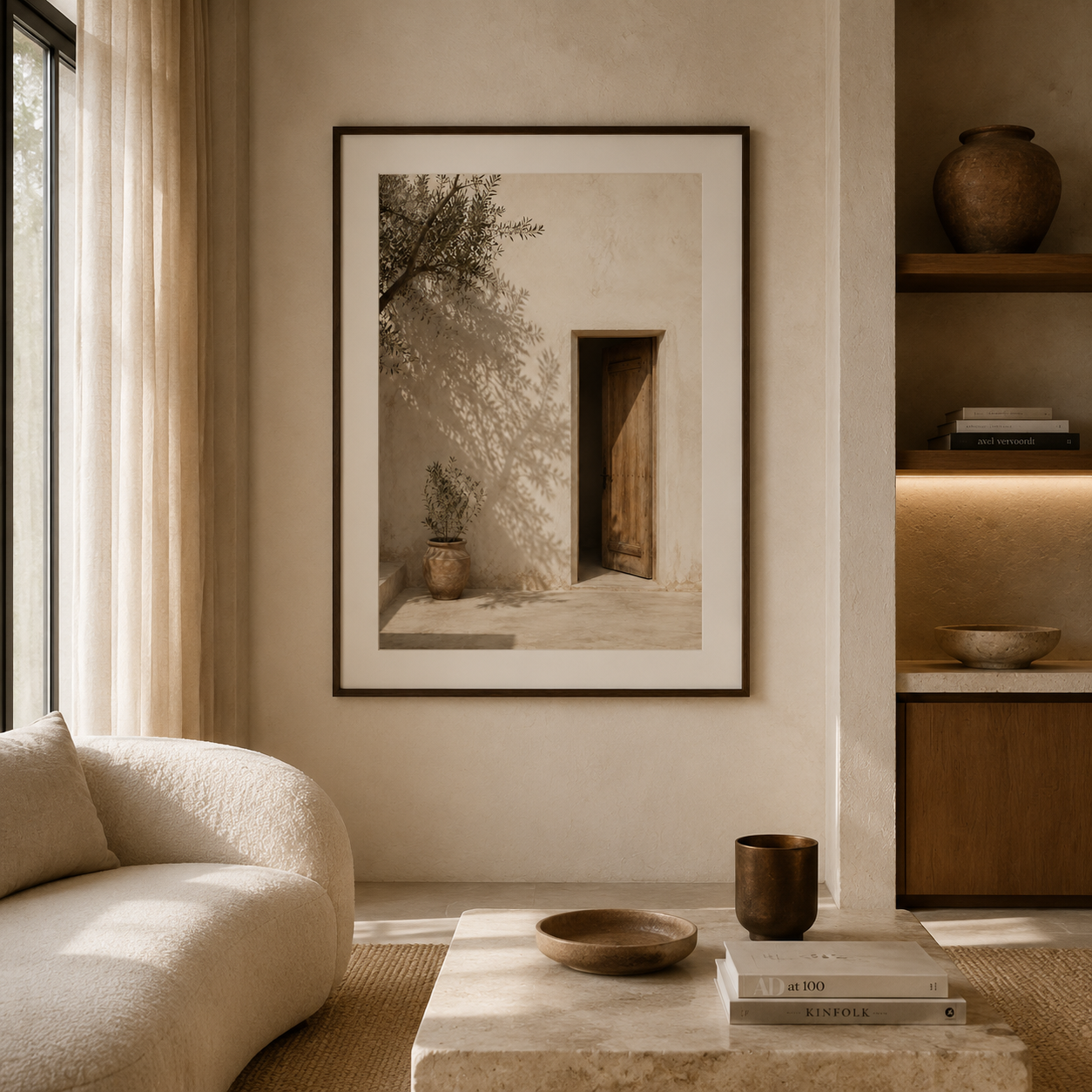 Tableau encadré Marocain – Lumière d'Argan – Tableau Encadré Premium, S : 30x20cm, Cadre Blanc Mat