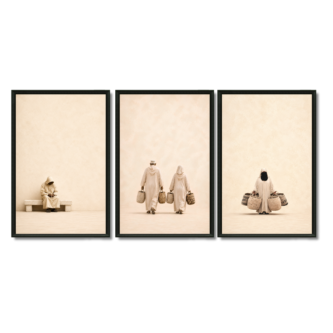 Triptyque Tableaux - Lhajj et Lhajja Routine – 3xXS : 30x20cm, Tableau en toile, Pas de cadre