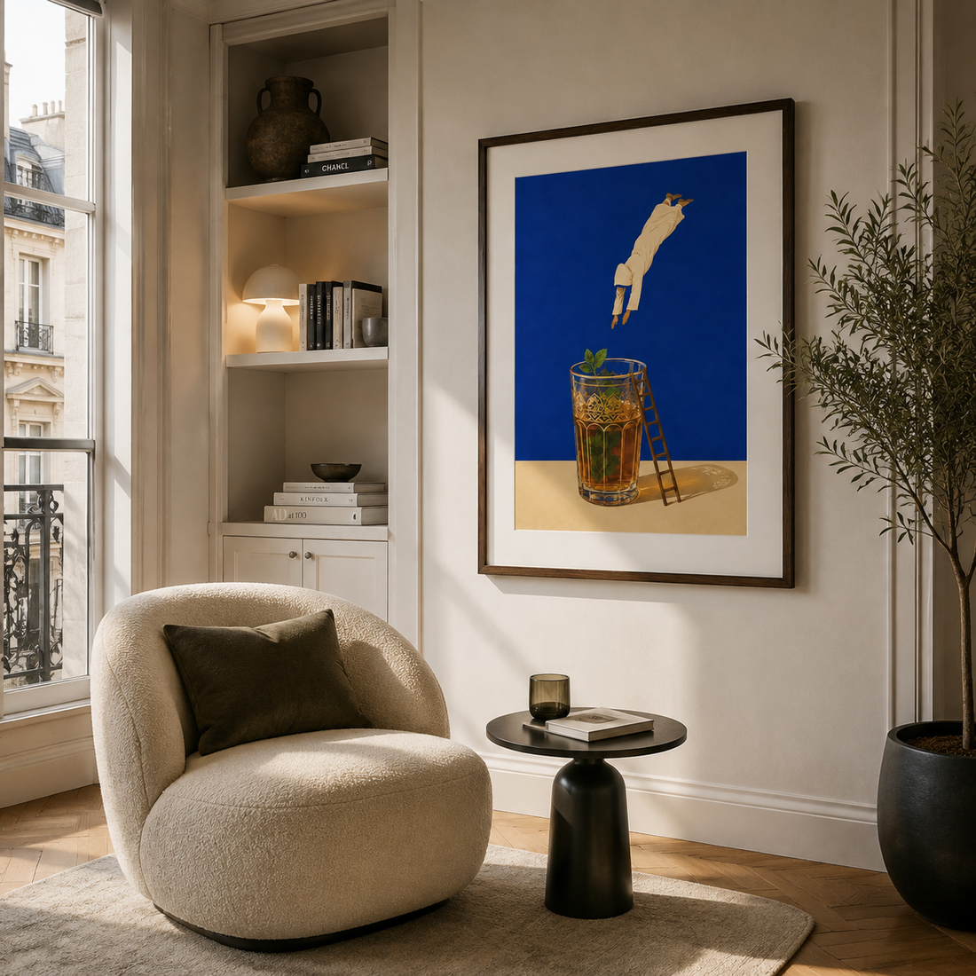 Tableau encadré Marocain – Plongeon Atay – Tableau Encadré Premium, S : 30x20cm, Cadre Noir Mat