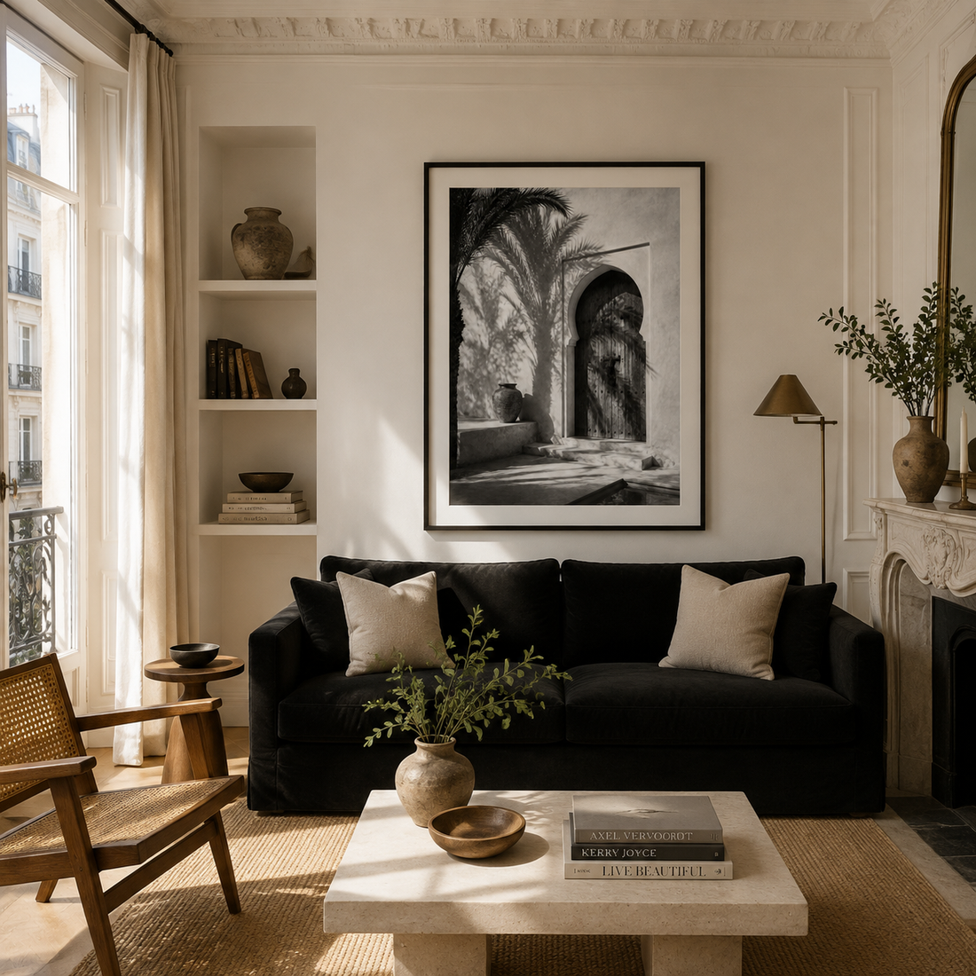 Tableau encadré Marocain Noir & Blanc – L'entrée du Riad – Tableau Encadré Premium, S : 30x20cm, Cadre Noir Mat