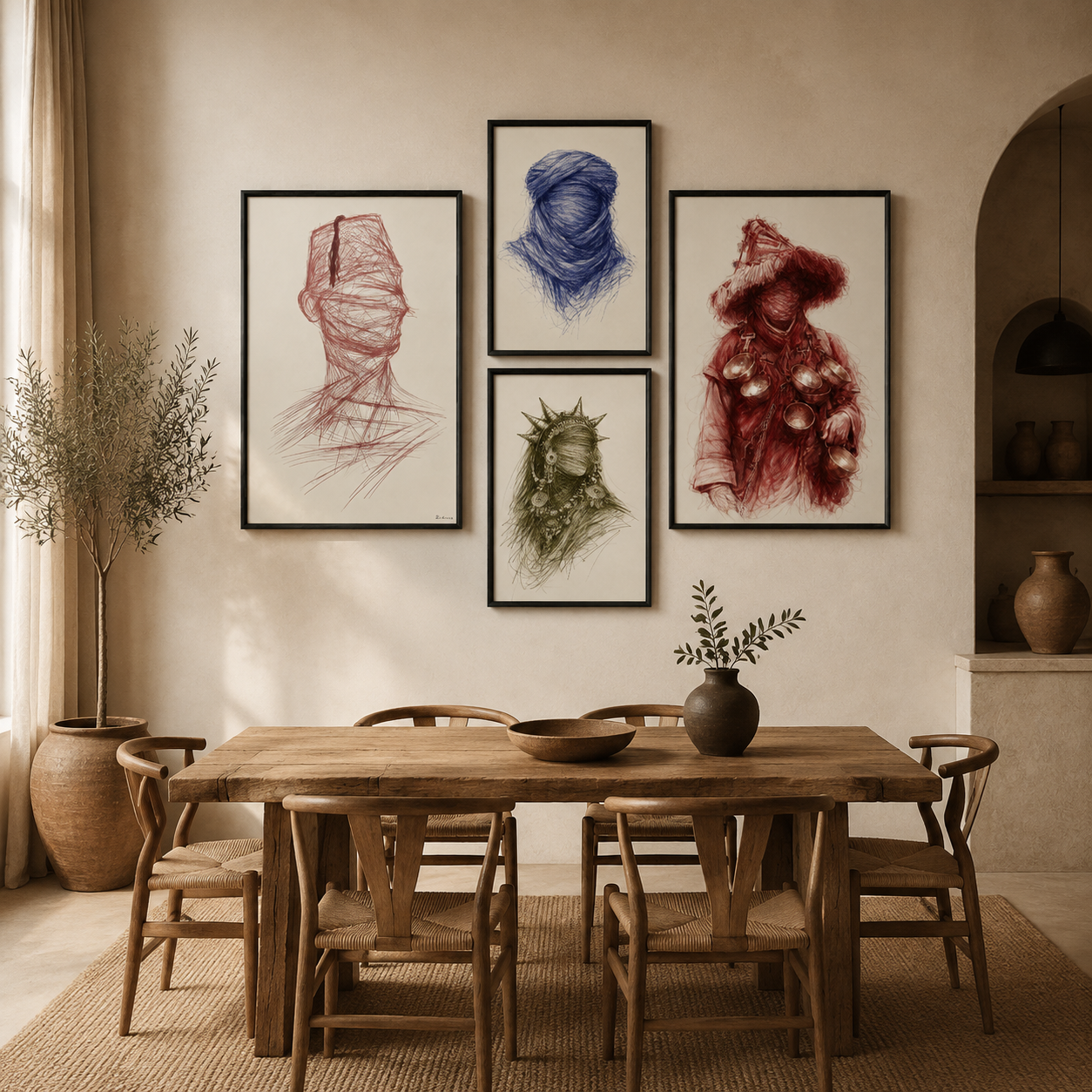 Composition Murale 1 - Dessins Icones Marocaines – 2x 80H60L cm + 2x 60H40L, Tableau en toile, Cadre Américain Noir
