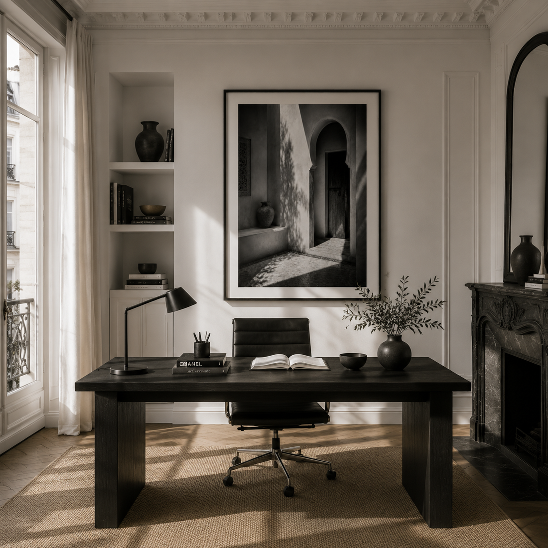 Tableau encadré Marocain Noir & Blanc – La cour – Tableau Encadré Premium, S : 30x20cm, Cadre Noir Mat