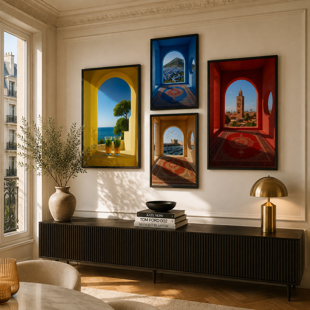 Composition Murale 1 - Villes décalées – 2x 80H60L cm + 2x 60H40L, Tableau en toile, Cadre Américain Noir