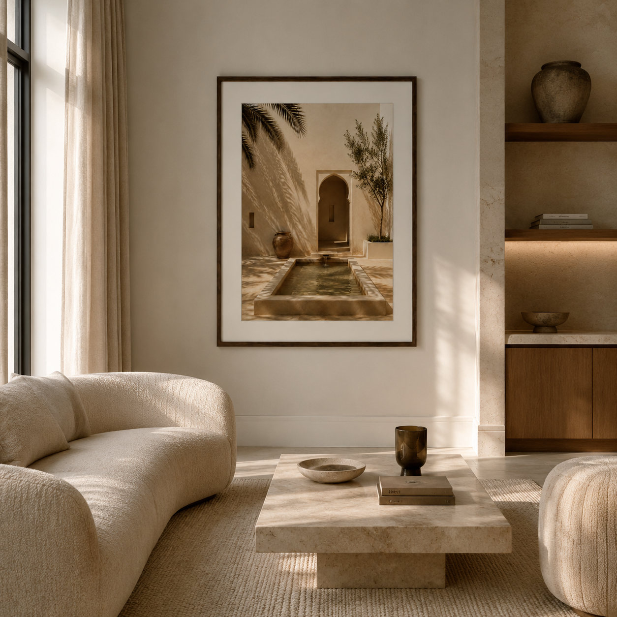 Tableau encadré Marocain – Patio Secret – Tableau Encadré Premium, S : 30x20cm, Cadre Blanc Mat