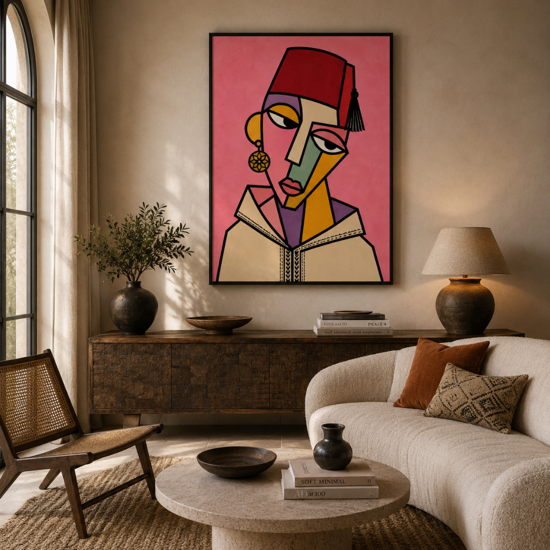 Tableau marocain – Masque rose – XS : 30x20cm, Tableau en toile, Cadre Américain Noir