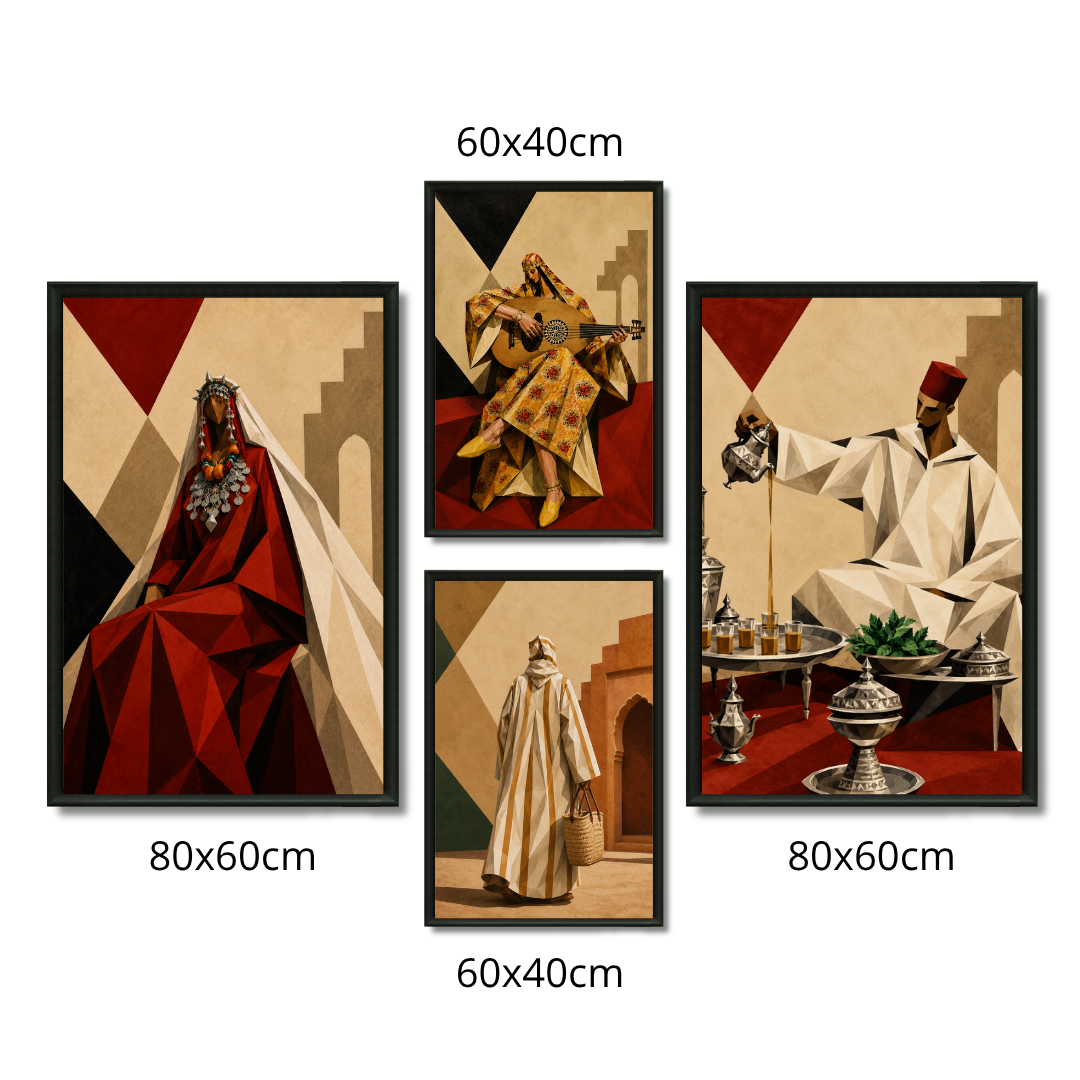 Composition Murale 1 - Géométrie Marocaine – 2x 80H60L cm + 2x 60H40L, Tableau en toile, Cadre Américain Blanc