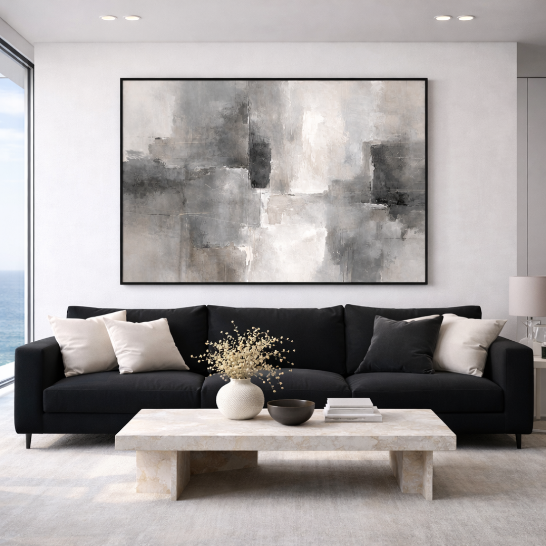 Tableau abstrait total gris lignes dynamiques salon