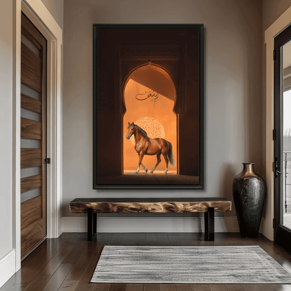 Tableau cheval brun arche orientale calligraphie marocaine