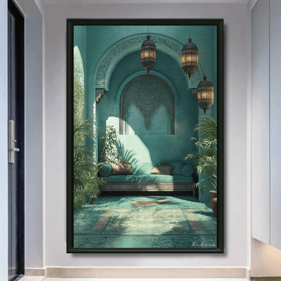 Tableau coin lounge marocain turquoise détail