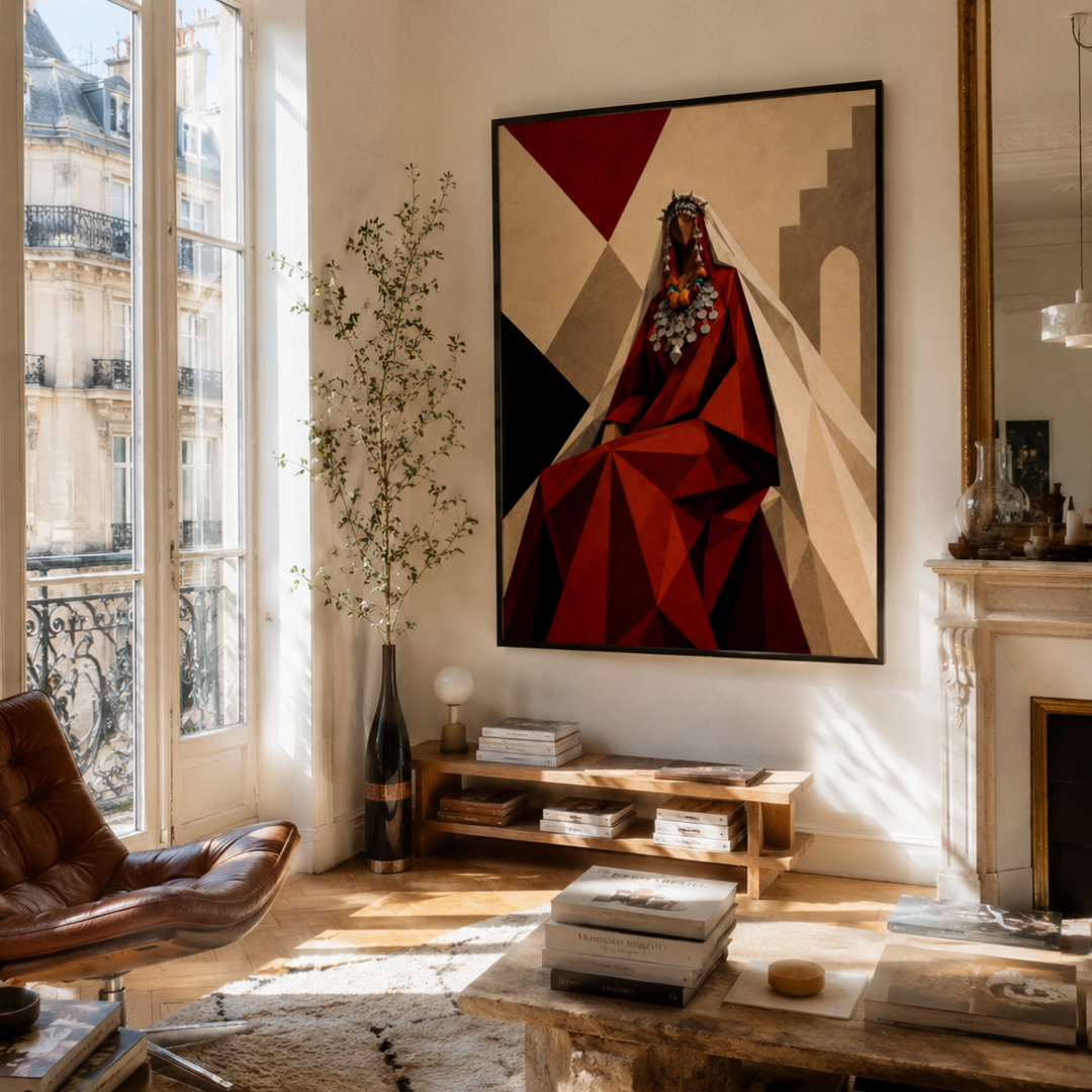 Tableau marocain – Femme Amazigh Cubisme 02 – XS : 30x20cm, Tableau en toile, Cadre Américain Noir